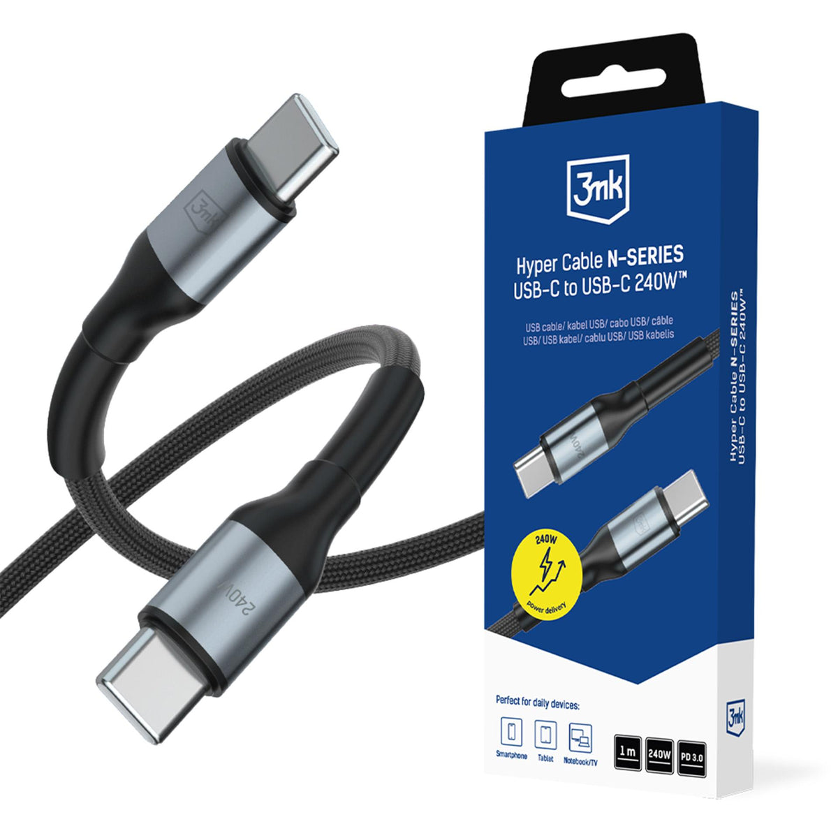 Cablu 3mk Hyper N-series Usb-c / Usb-c 1m PD 3.0 QC 3.0 48V / 5A 240W - Negru