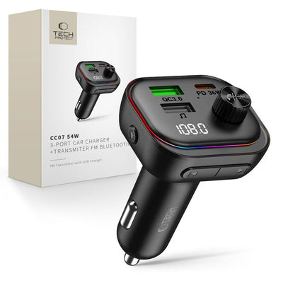Incarcator auto Tech-protect Cc07 3-Port PD 54W + Bluetooth FM Transmitter - Negru