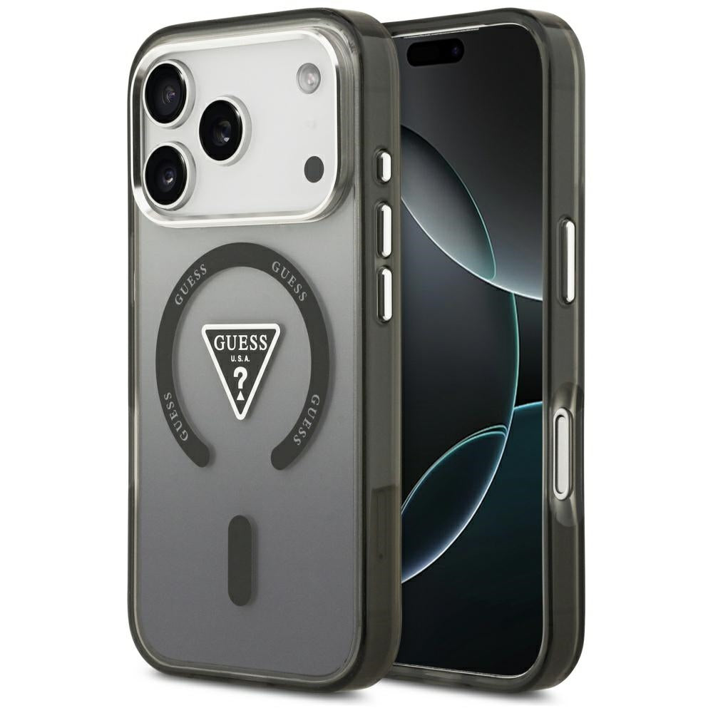Husa Guess Magsafe IML Gradient cu Print Triangle Logo & Argintiu Metal Camera Buttons pentru iPhone 17 Pro Negru