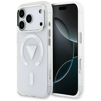 Husa Guess Magsafe IML Gradient cu Print Triangle Logo & Argintiu Metal Camera Buttons pentru iPhone 17 Pro Transparent