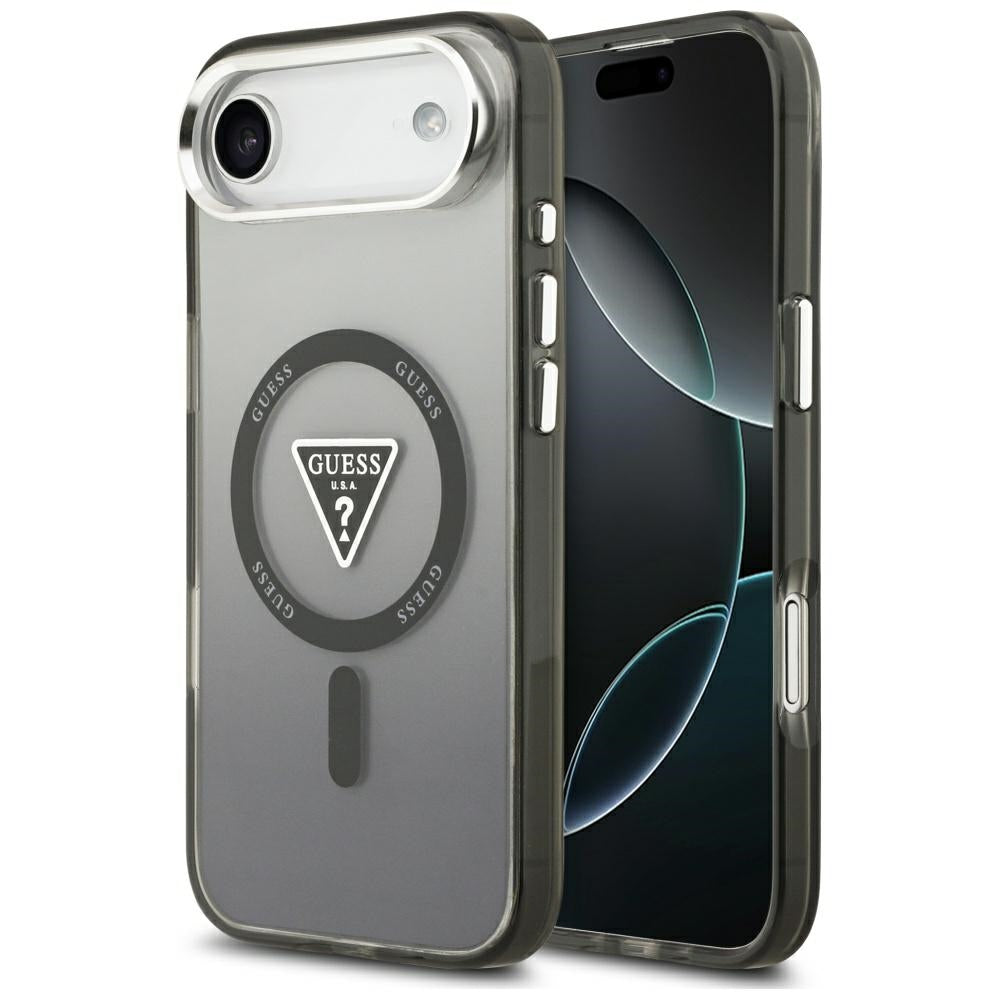 Husa Guess Magsafe IML Gradient cu Print Triangle Logo & Argintiu Metal Camera Buttons pentru iPhone 17 Air Negru