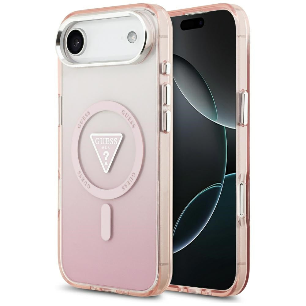 Husa Guess Magsafe IML Gradient cu Print Triangle Logo & Argintiu Metal Camera Buttons pentru iPhone 17 Air Roz