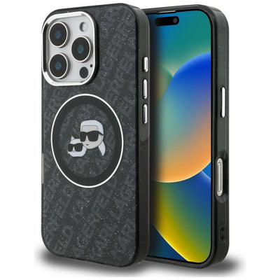 Husa Karl Lagerfeld IML Glitter Karl & Choupette Heads Logo Magsafe pentru iPhone 16 Pro - Negru