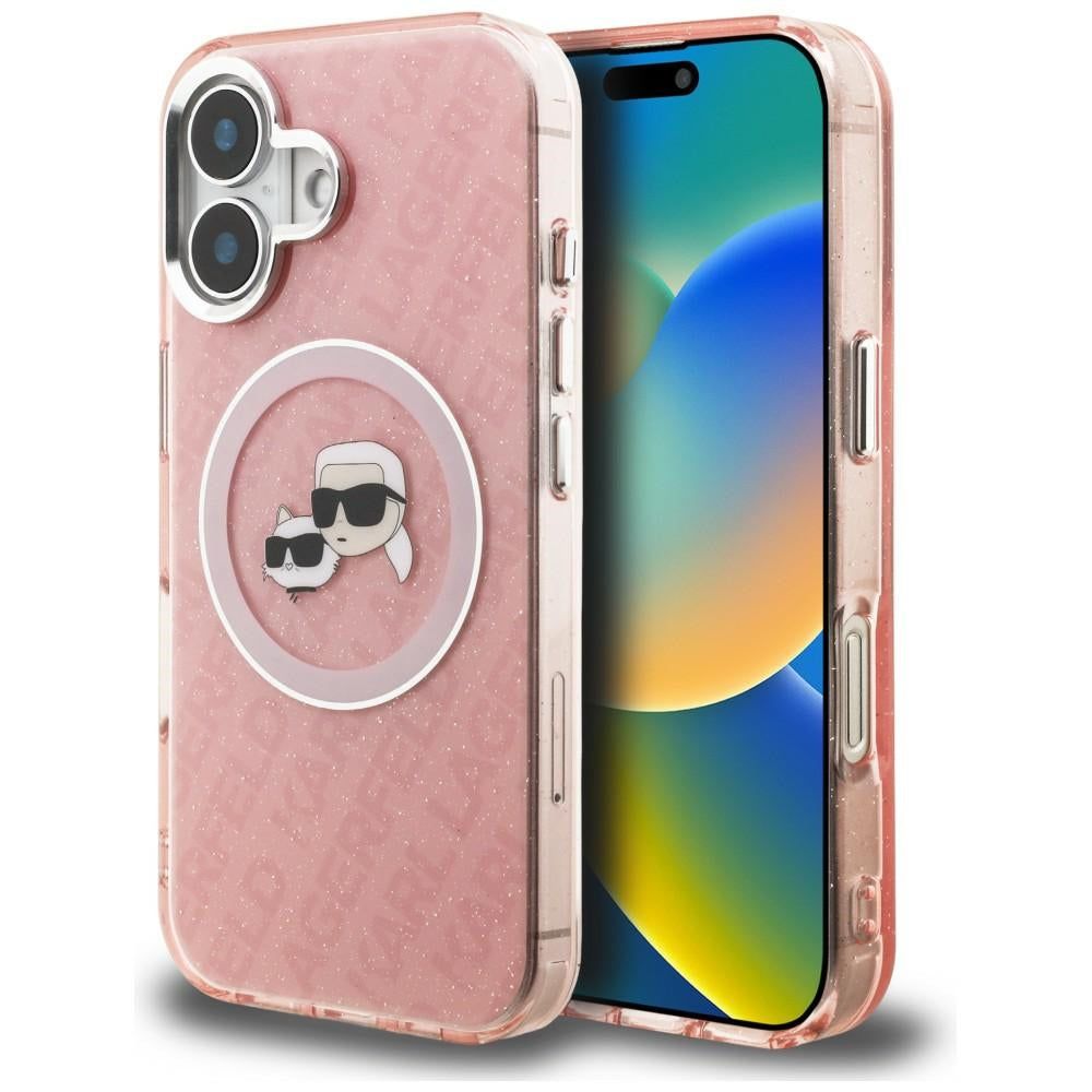 Husa Karl Lagerfeld IML Glitter Karl & Choupette Heads Logo Magsafe iPhone 16 - Roz