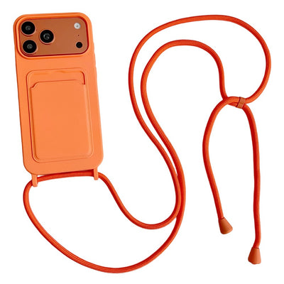 Husa iPhone 17 Pro / 18 Pro Silicone cu Card Pocket si Crossbody Curea - Portocaliu