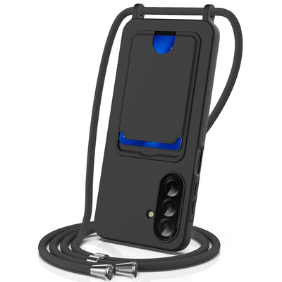 Husa Samsung Galaxy A37 5G TPU cu Card Suport And Crossbody Lanyard - Negru