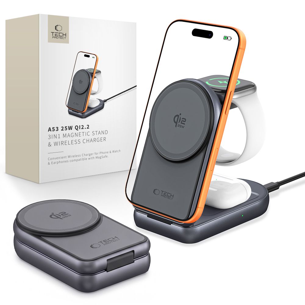 Incarcator wireless Tech-protect A53 3in1 Magsafe 25W Qi2.2 - Gri inchis