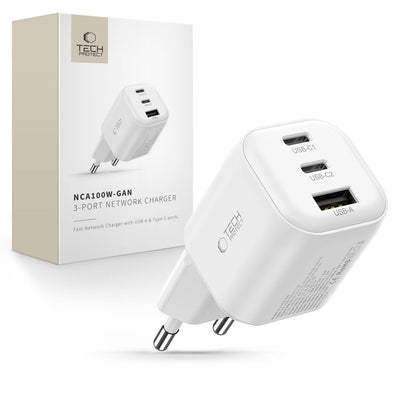 Incarcator priza Tech-protect Nca100w-gan 3-Port PD 3.2 100W / Qc3.0 - Alb