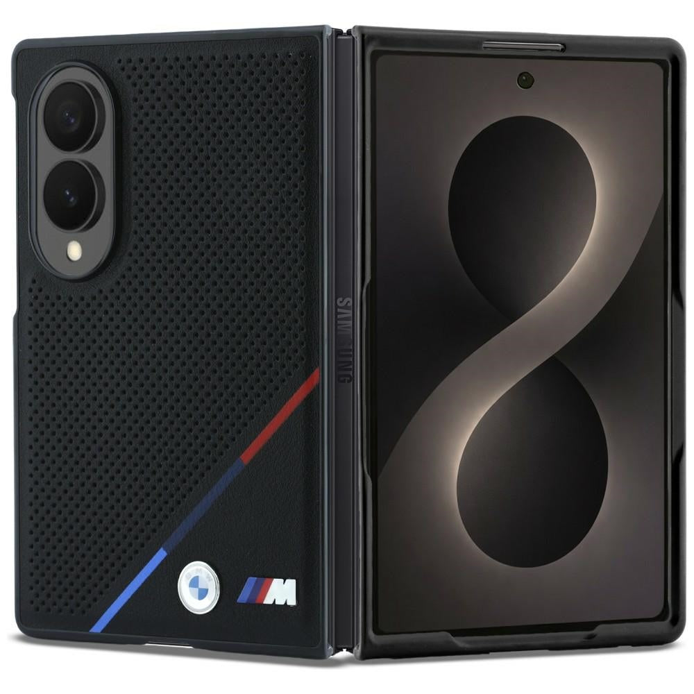 Husa BMW M Leather Perforated Tricolor Stripe Metal Logos Magsafe pentru Samsung Galaxy Z Fold 8 - Negru