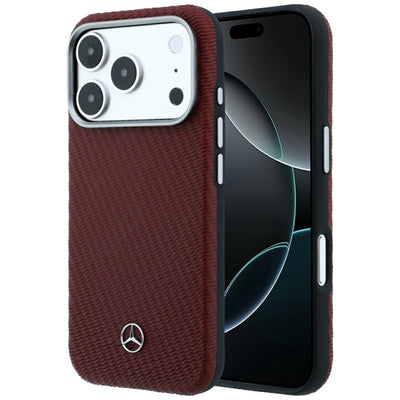 Husa Mercedes piele Semi Wrap Wood Effect Magsafe pentru iPhone 17 Pro Max / 18 Pro Max - Burgundy