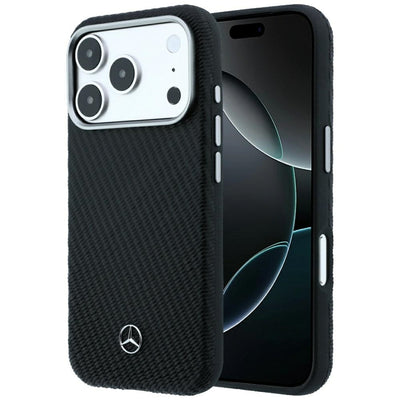 Husa Mercedes piele Semi Wrap Wood Effect Magsafe pentru iPhone 17 Pro Max / 18 Pro Max - Negru