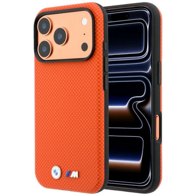 Husa BMW M Quadrille Kevlar Metal Logo Magsafe pentru iPhone 17 Pro / 18 Pro - Portocaliu