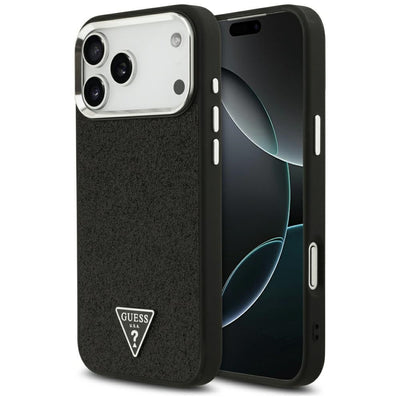 Husa Guess Glitter Triangle Logo Magsafe pentru iPhone 17 Pro Max / 18 Pro Max - Negru