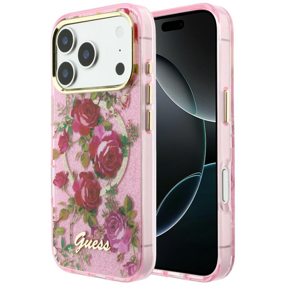 Husa Guess IML Glitter Blossom Roses pentru iPhone 17 Pro / 18 Pro - Roz