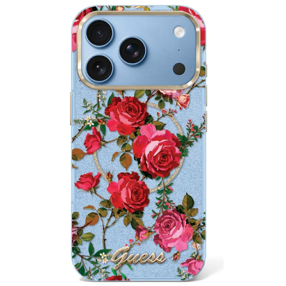 Husa Guess IML Glitter Blossom Roses pentru iPhone 17 Pro Max / 18 Pro Max - Albastru deschis