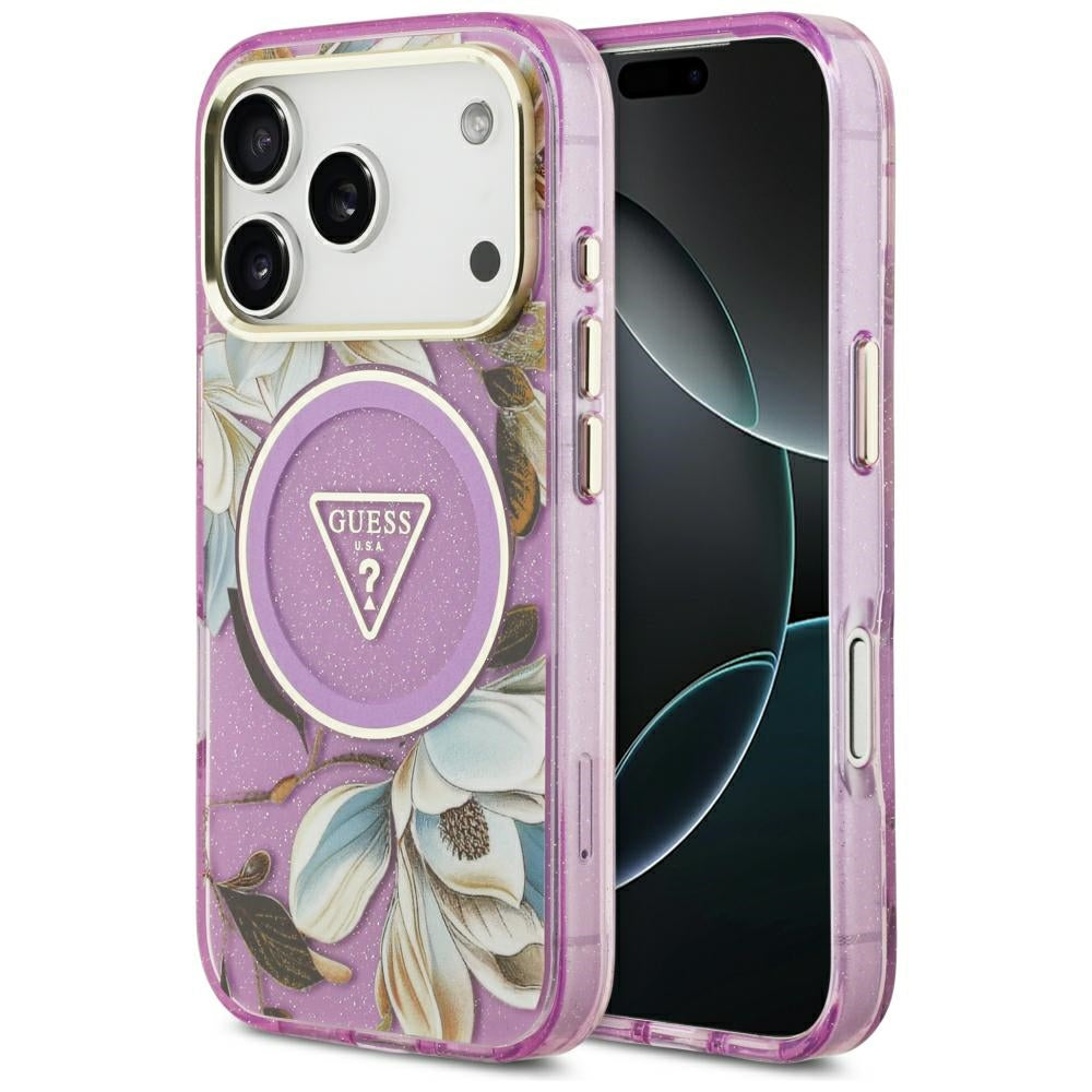 Husa Guess IML Glitter Flowers Triangle Magsafe pentru iPhone 17 Pro / 18 Pro - Mov