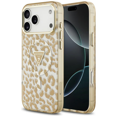 Husa Guess IML Leopard Glitter Triangle Logo Magsafe pentru iPhone 17 Pro Max / 18 Pro Max - Maro