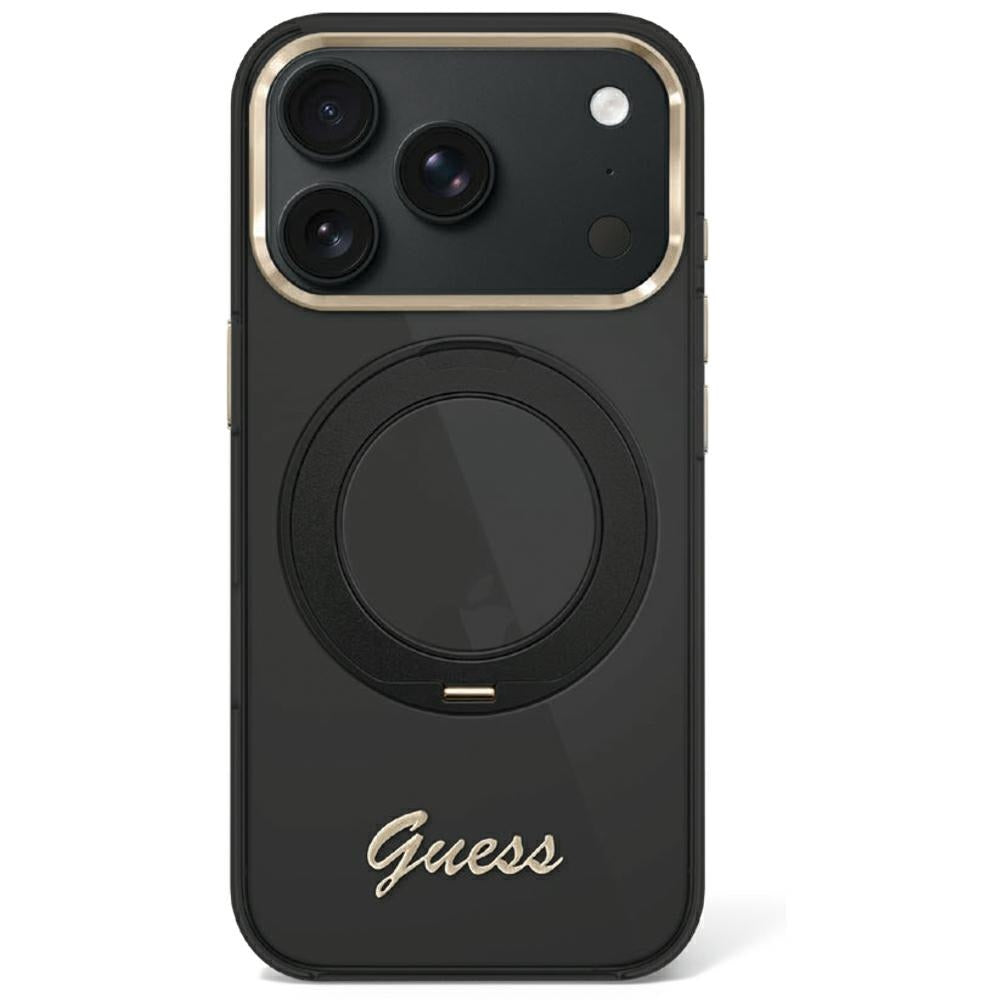 Husa Guess IML Ring Stand 360 Script Metal Logo Magsafe pentru iPhone 17 Pro / 18 Pro - Negru