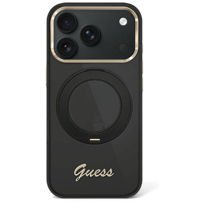 Husa Guess IML Ring Stand 360 Script Metal Logo Magsafe pentru iPhone 17 Pro / 18 Pro - Negru