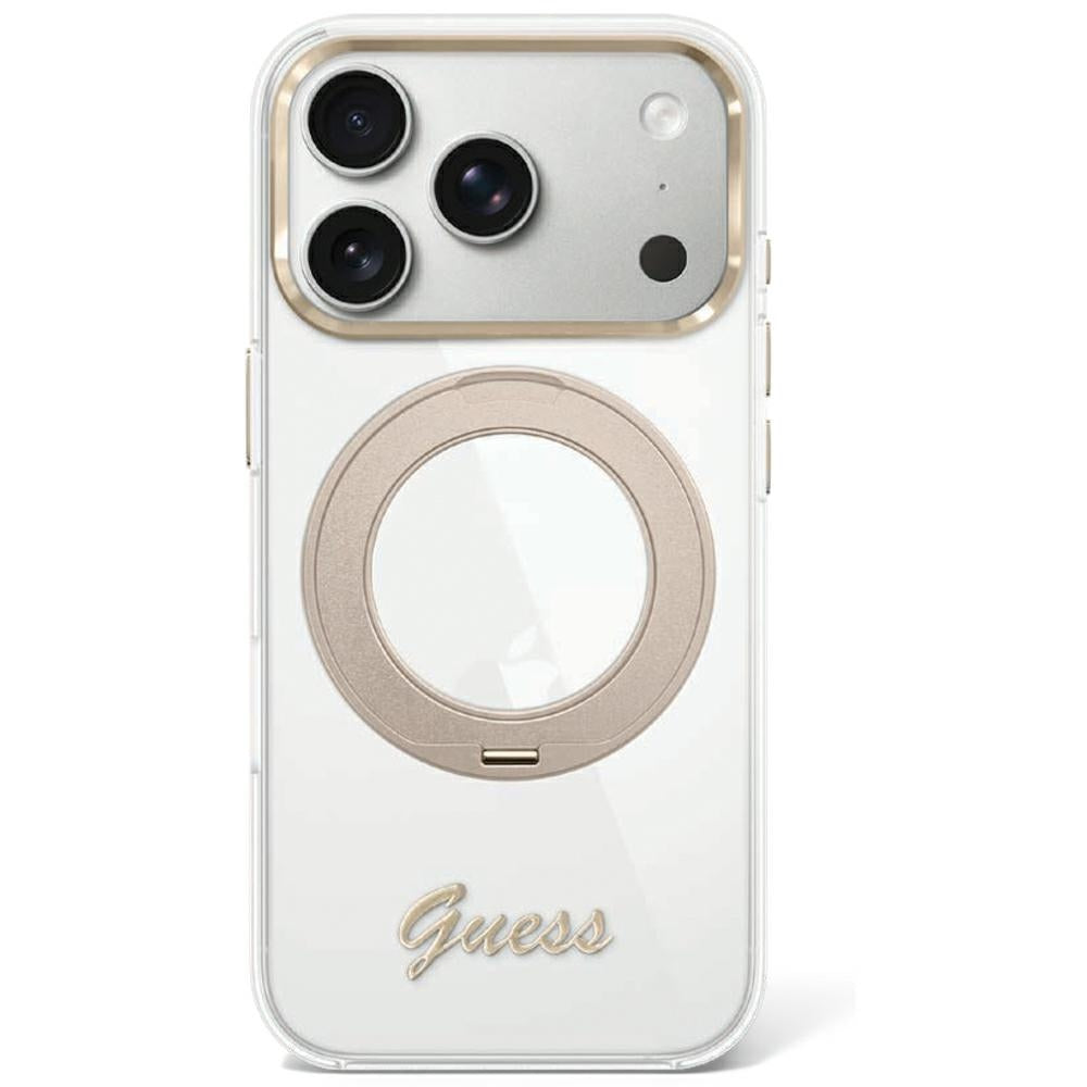 Husa Guess IML Ring Stand 360 Script Metal Logo Magsafe pentru iPhone 17 Pro Max / 18 Pro Max - Transparent