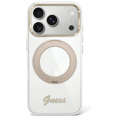 Husa Guess IML Ring Stand 360 Script Metal Logo Magsafe pentru iPhone 17 Pro Max / 18 Pro Max - Transparent