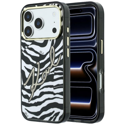 Husa Karl Lagerfeld IML Signature Zebra Glitter Magsafe pentru iPhone 17 Pro / 18 Pro - Auriu