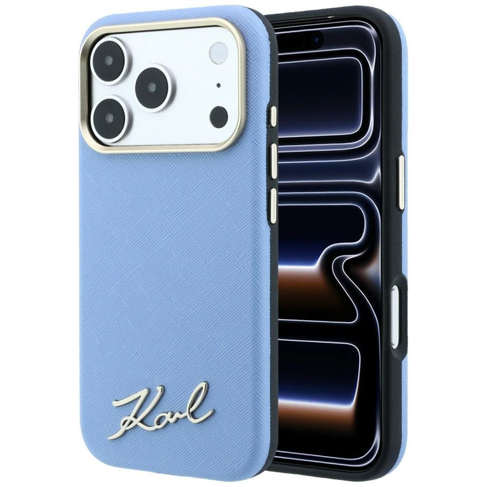 Husa Karl Lagerfeld Saffiano Small Script Metal Logo Magsafe pentru iPhone 17 Pro / 18 Pro - Albastru deschis