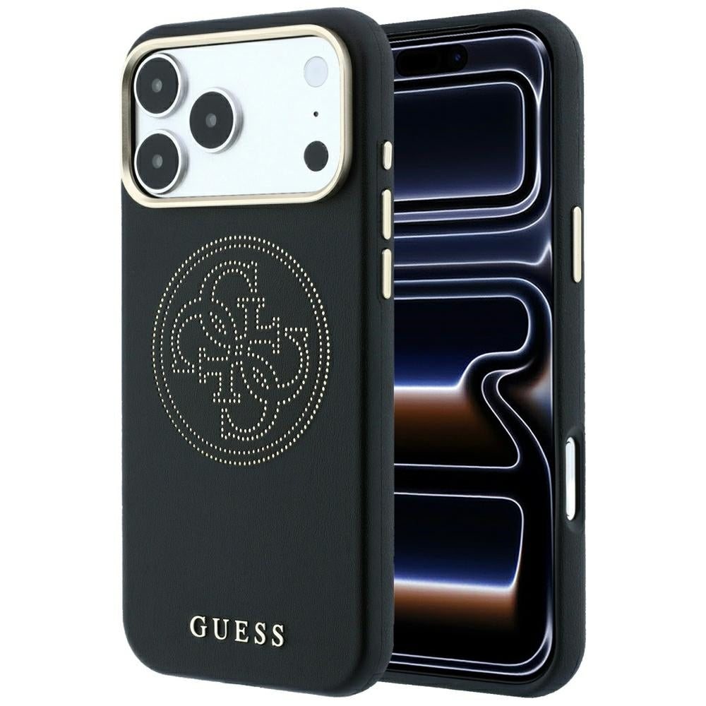 Husa Guess Perforated 4G Auriu Logo Magsafe pentru iPhone 17 Pro / 18 Pro - Negru