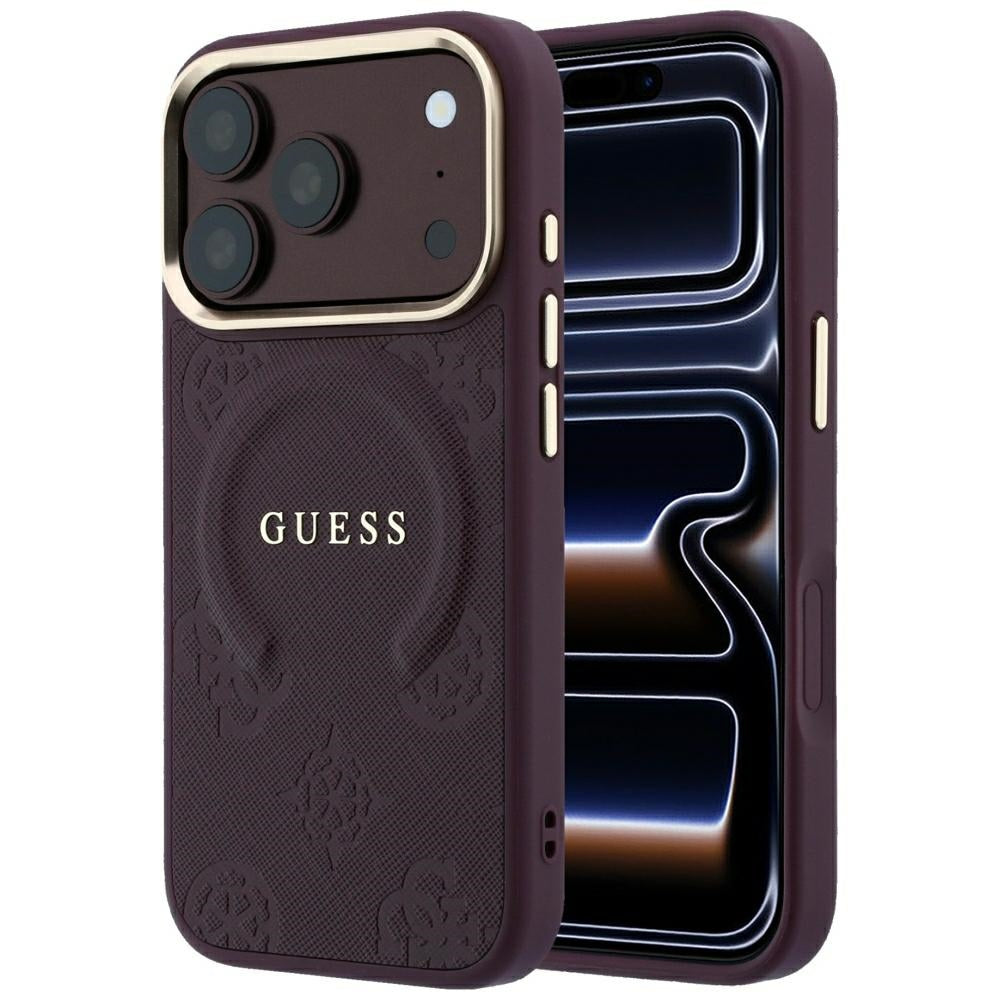 Husa Guess Saffiano Peony & Ring Magsafe pentru iPhone 17 Pro Max / 18 Pro Max - Burgundy