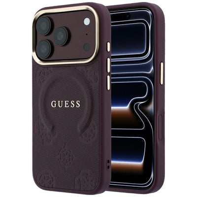 Husa Guess Saffiano Peony & Ring Magsafe pentru iPhone 17 Pro Max / 18 Pro Max - Burgundy
