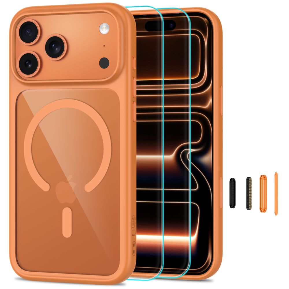 Folie Tech-protect Magone CC Magsafe + sticla 2-Pack Husa pentru iPhone 18 Pro / 17 Pro - Transparent Portocaliu