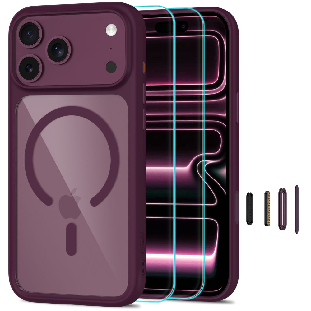 Folie Tech-protect Magone CC Magsafe Husa + sticla 2-Pack pentru iPhone 18 Pro Max / 17 Pro Max - Transparent Burgundy