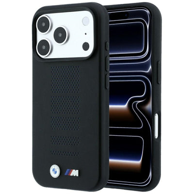 Husa BMW M Albastru Perfo Metal Logo Magsafe pentru iPhone 18 Pro / 17 Pro - Negru