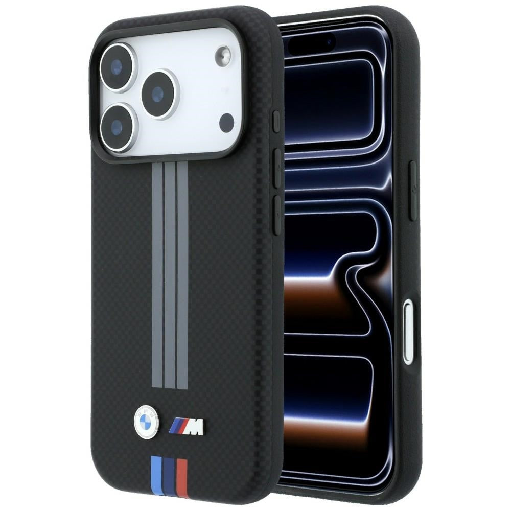 Husa BMW M Quadrille Kevlar Anthracite & Tricolor Print Lines Magsafe pentru iPhone 18 Pro Max / 17 Pro Max - Negru