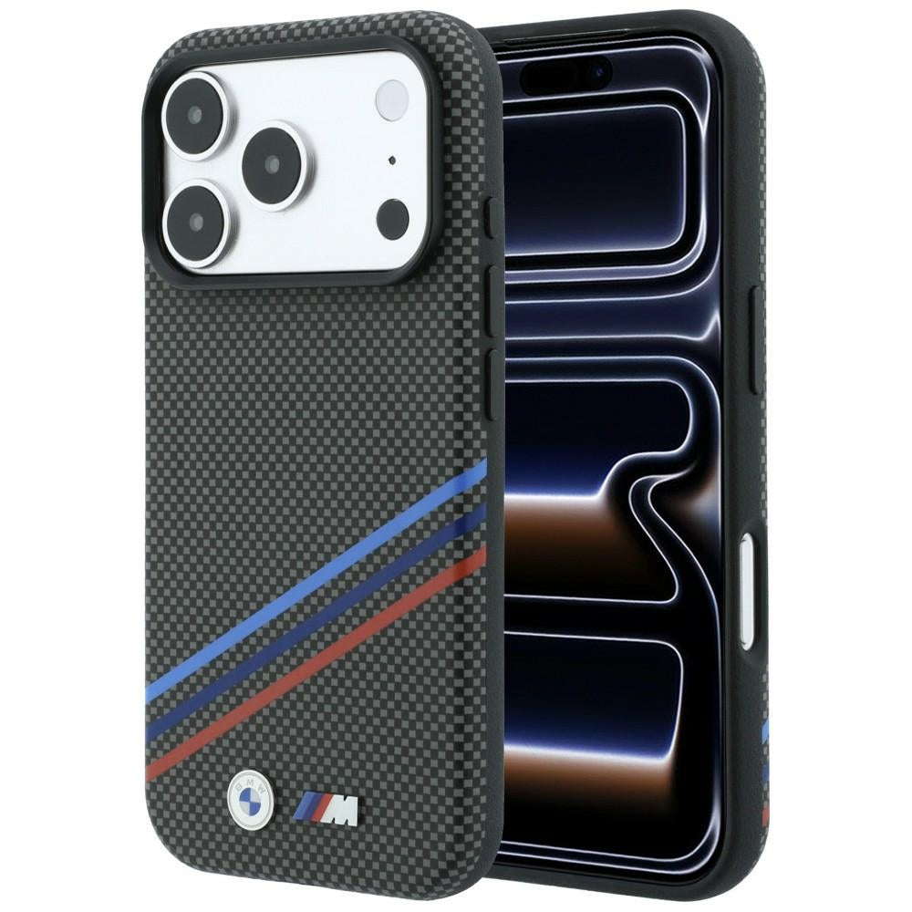 Husa BMW M Quadrille Kevlar Print Tricolor Lines & Metal Logo Magsafe pentru iPhone 18 Pro / 17 Pro - Gri inchis