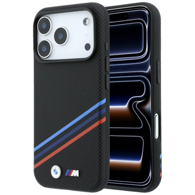 Husa BMW M Quadrille Kevlar Print Tricolor Lines & Metal Logo Magsafe pentru iPhone 18 Pro Max / 17 Pro Max - Negru