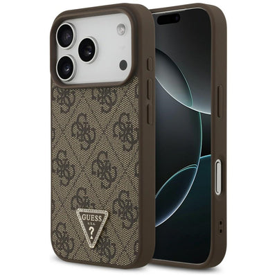 Husa Guess piele 4G Triangle Strass Magsafe pentru iPhone 18 Pro / 17 Pro - Maro