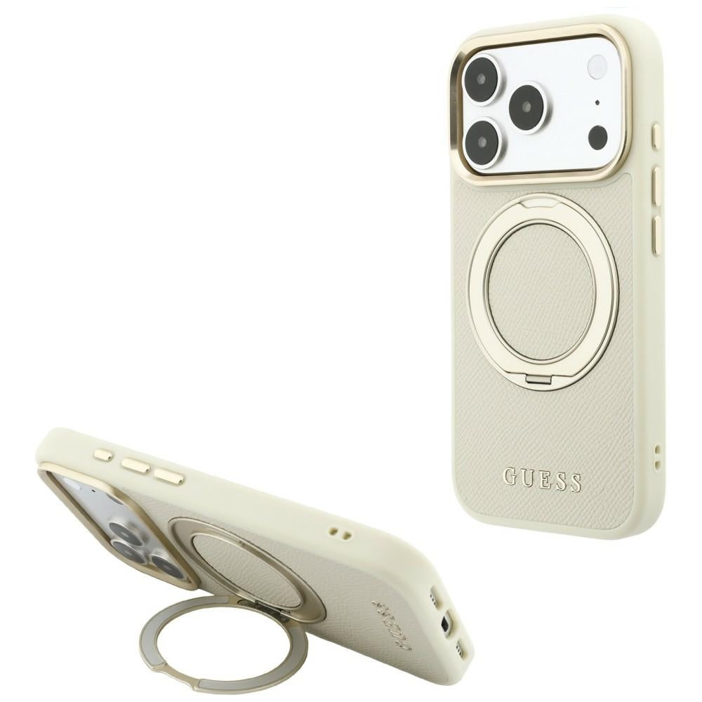 Husa Guess Ring Stand 360 Grained Classic Logo Magsafe pentru iPhone 18 Pro Max / 17 Pro Max - Bej