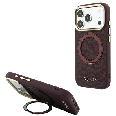Husa Guess Ring Stand 360 Grained Classic Logo Magsafe pentru iPhone 18 Pro Max / 17 Pro Max - Burgundy