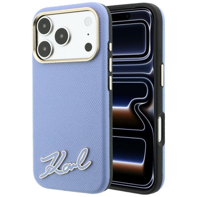 Husa Karl Lagerfeld Grained cu Resin Signature Logo Magsafe pentru iPhone 18 Pro / 17 Pro - Albastru deschis