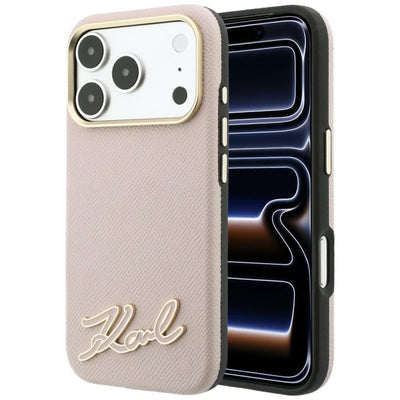 Husa Karl Lagerfeld Grained cu Resin Signature Logo Magsafe pentru iPhone 18 Pro / 17 Pro - Roz