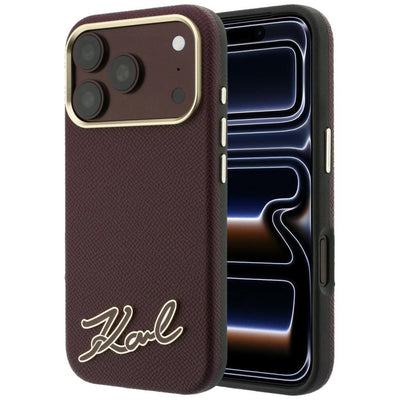 Husa Karl Lagerfeld Grained cu Resin Signature Logo Magsafe pentru iPhone 18 Pro Max / 17 Pro Max - Burgundy