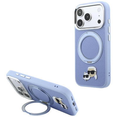 Husa Karl Lagerfeld cu Ring Stand 360 Karl & Choupette Heads Pin Magsafe pentru iPhone 18 Pro / 17 Pro - Albastru deschi