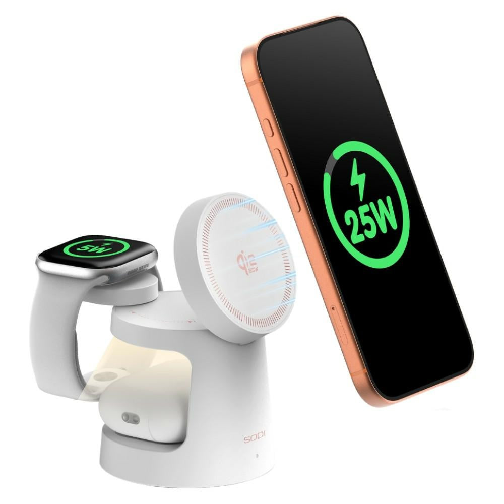 Incarcator wireless Sodi 3-in-1 cu Night Light 25W W108a - Alb