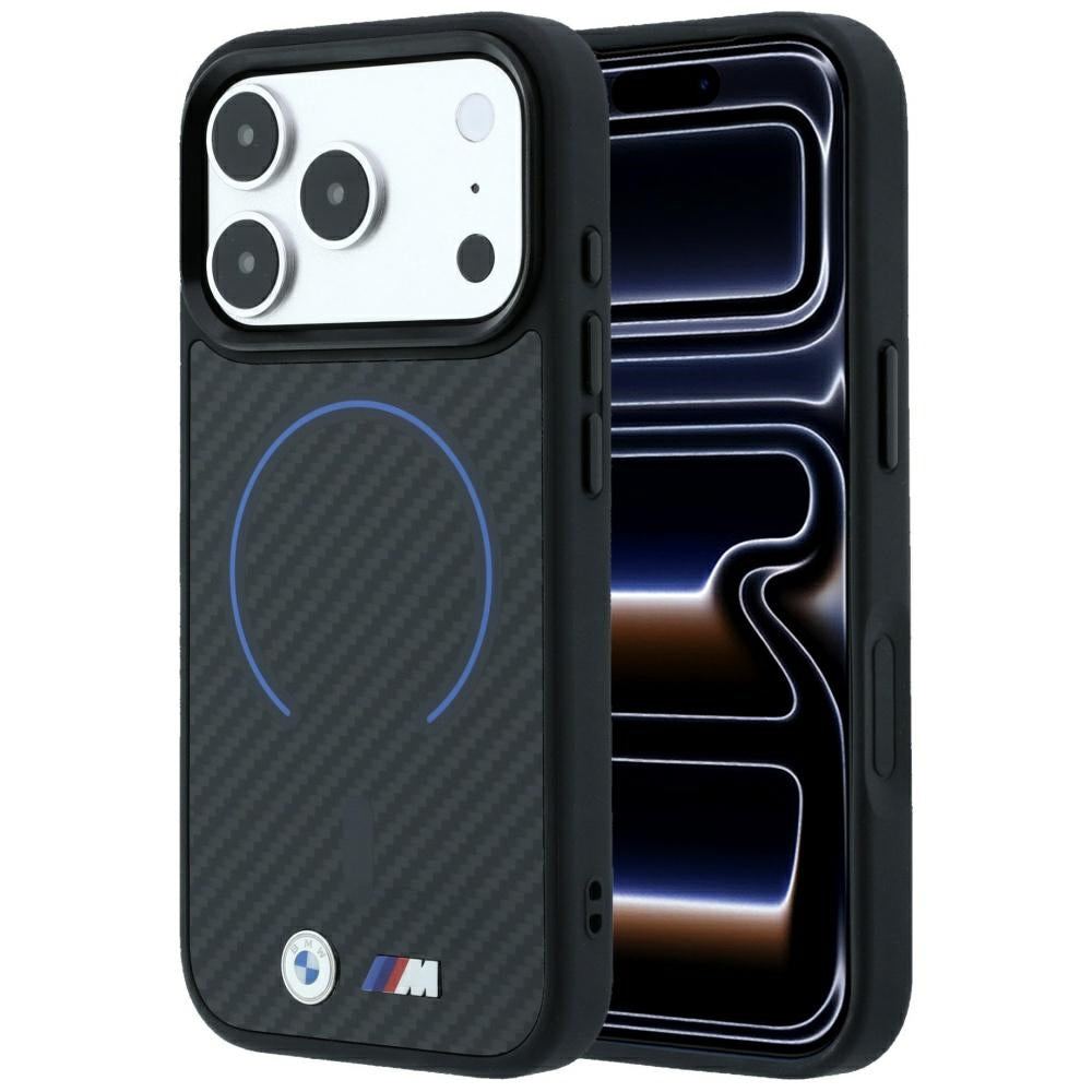 Husa BMW M Kevlar Albastru Print Ring Metal Logo Magsafe pentru iPhone 18 Pro / 17 Pro - Negru