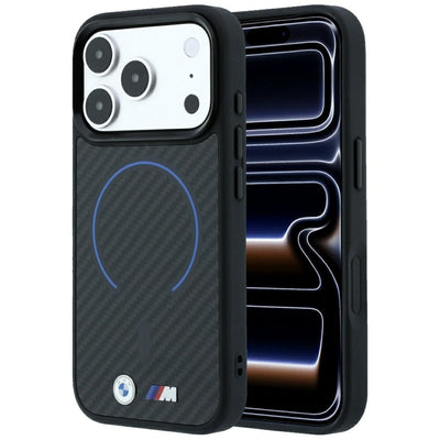 Husa BMW M Kevlar Albastru Print Ring Metal Logo Magsafe pentru iPhone 18 Pro Max / 17 Pro Max - Negru