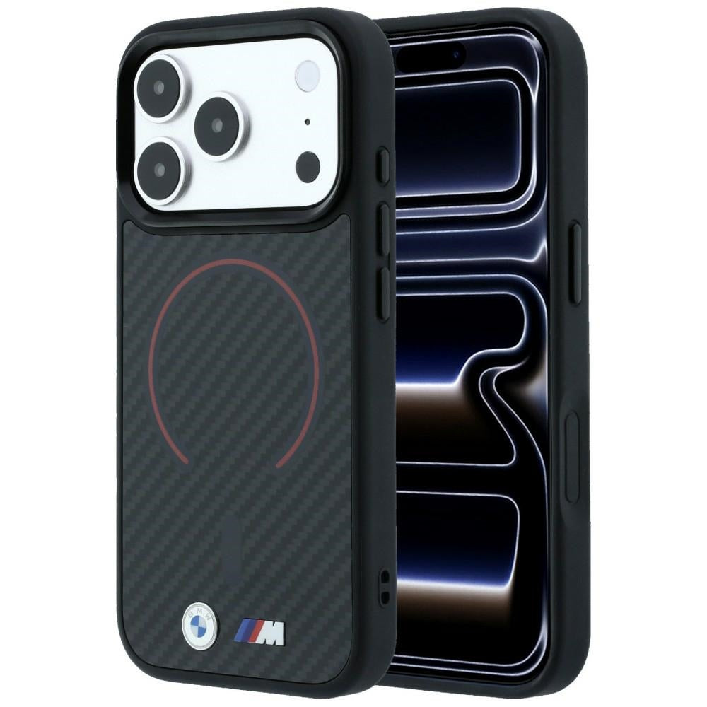 Husa BMW M Kevlar Rosu Print Ring Metal Logo Magsafe pentru iPhone 18 Pro / 17 Pro - Negru