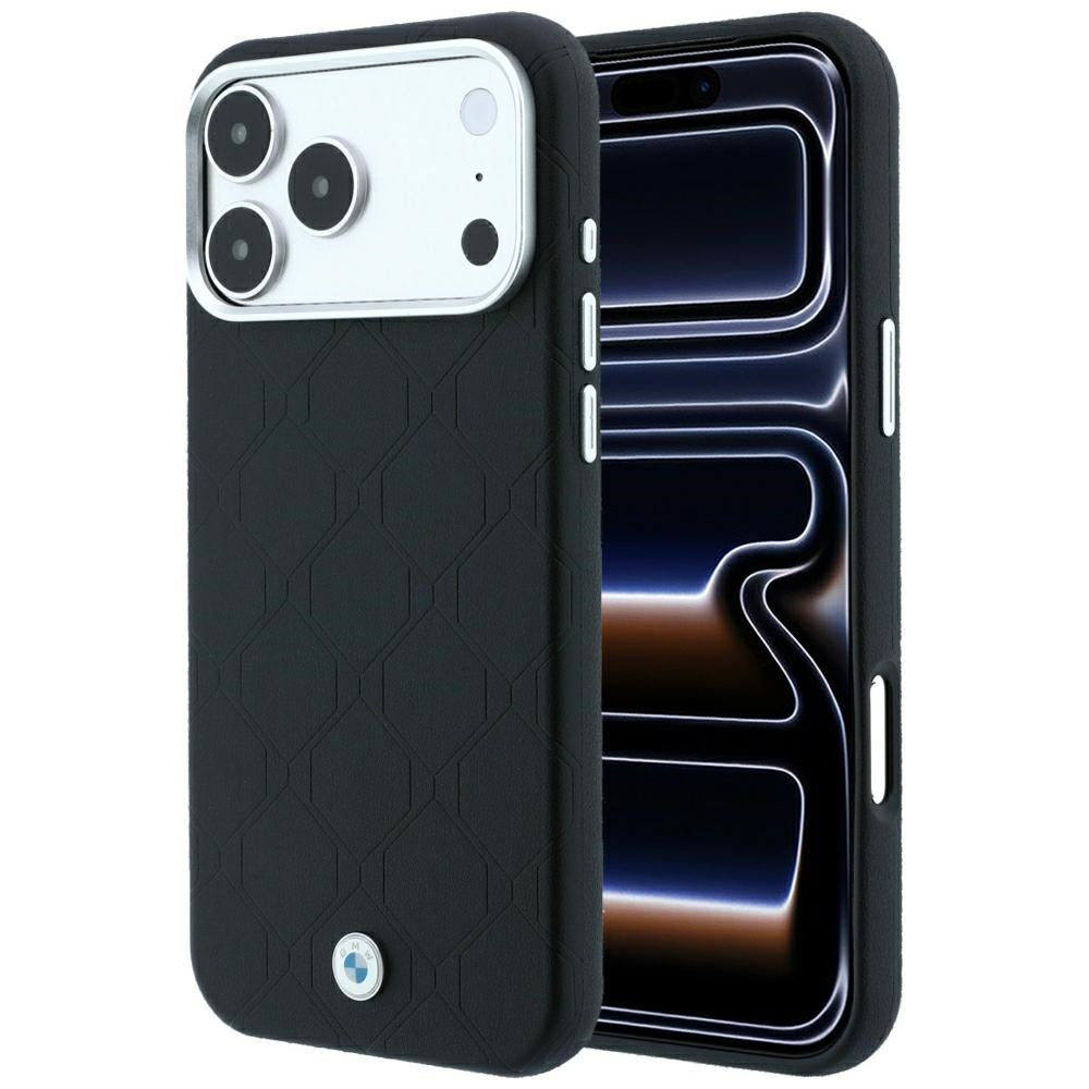 Husa BMW Sign Deboss Quilted Metal Logo Magsafe pentru iPhone 18 Pro / 17 Pro - Negru