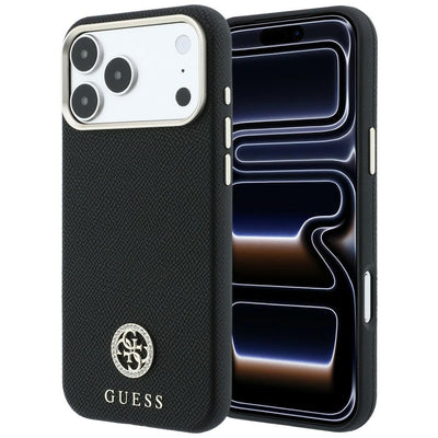 Husa Guess Grained Round Strass Logo Magsafe pentru iPhone 18 Pro / 17 Pro - Negru