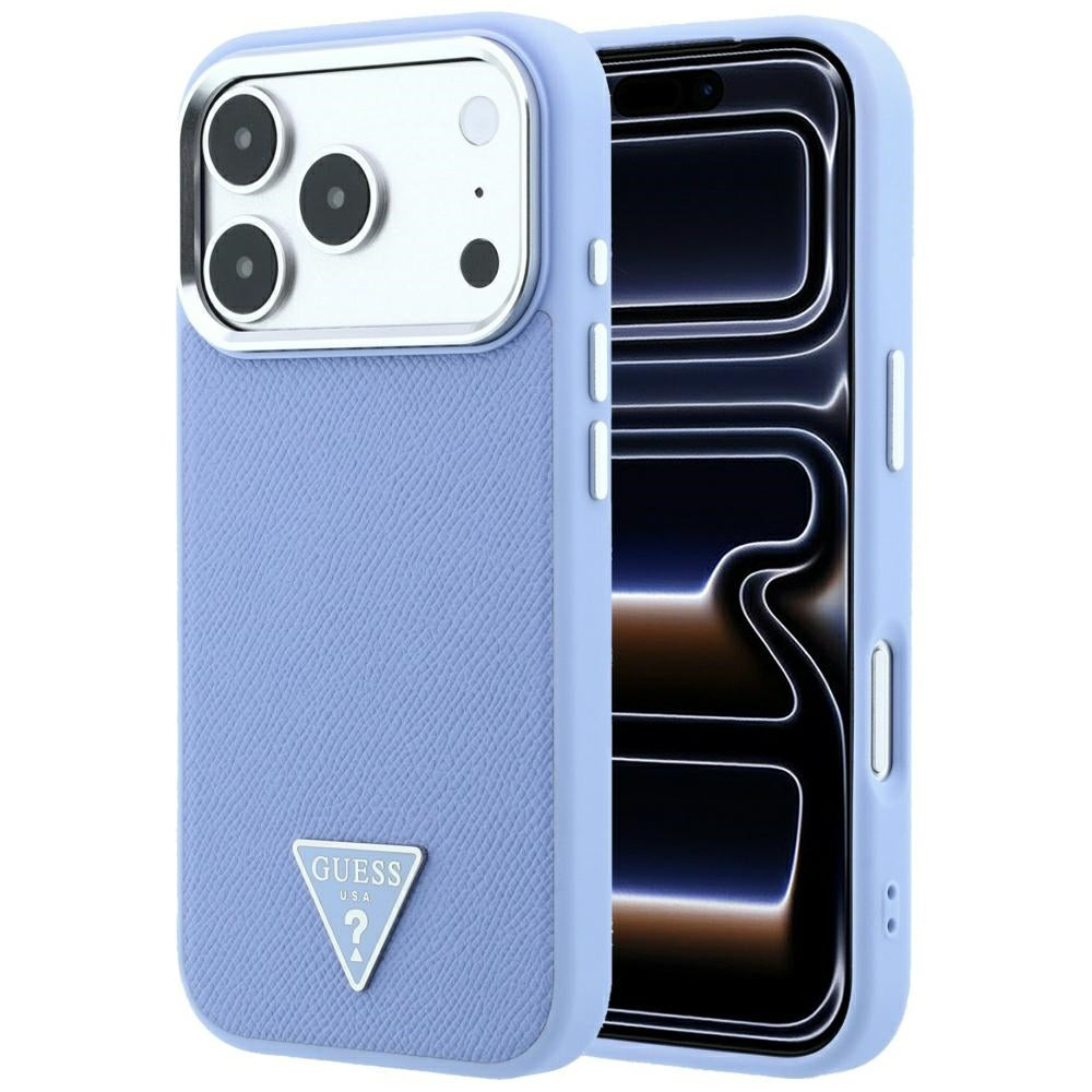 Husa Guess Grained Triangle Logo Magsafe pentru iPhone 18 Pro / 17 Pro - Albastru